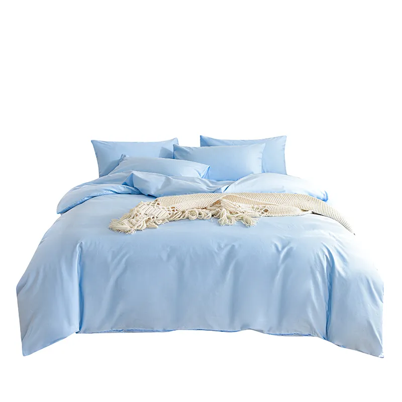 Estilo coreano reversível planície 40s 100% longo grampo algodão céu azul 4pcs cama conjunto