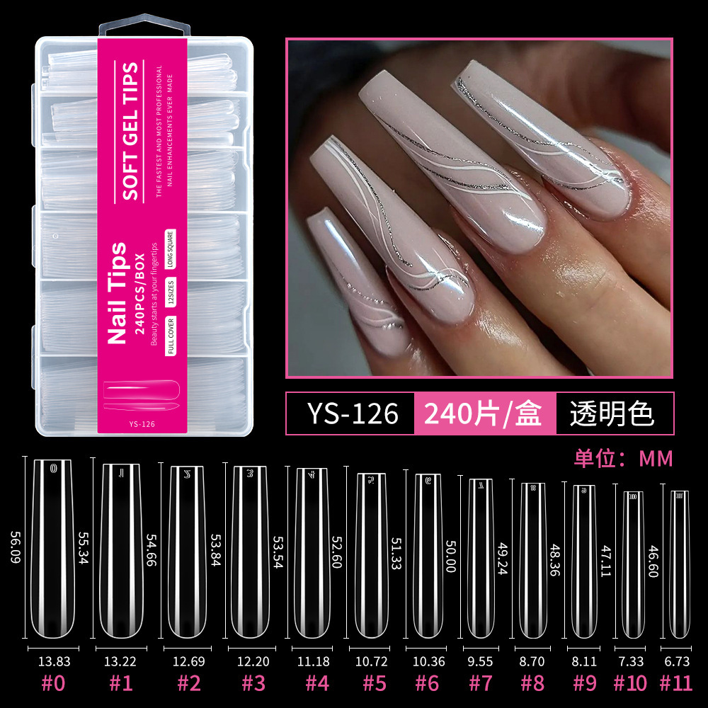 126-240 Uñas postizas transparentes extra largas con cabeza cuadrada.