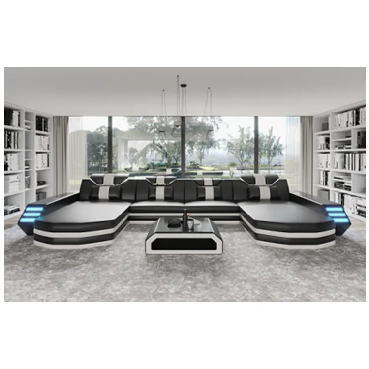 Furnitur Kulit Asli Bentuk U LED, Perabot Ruang Tamu Desain Mewah Italia Modern