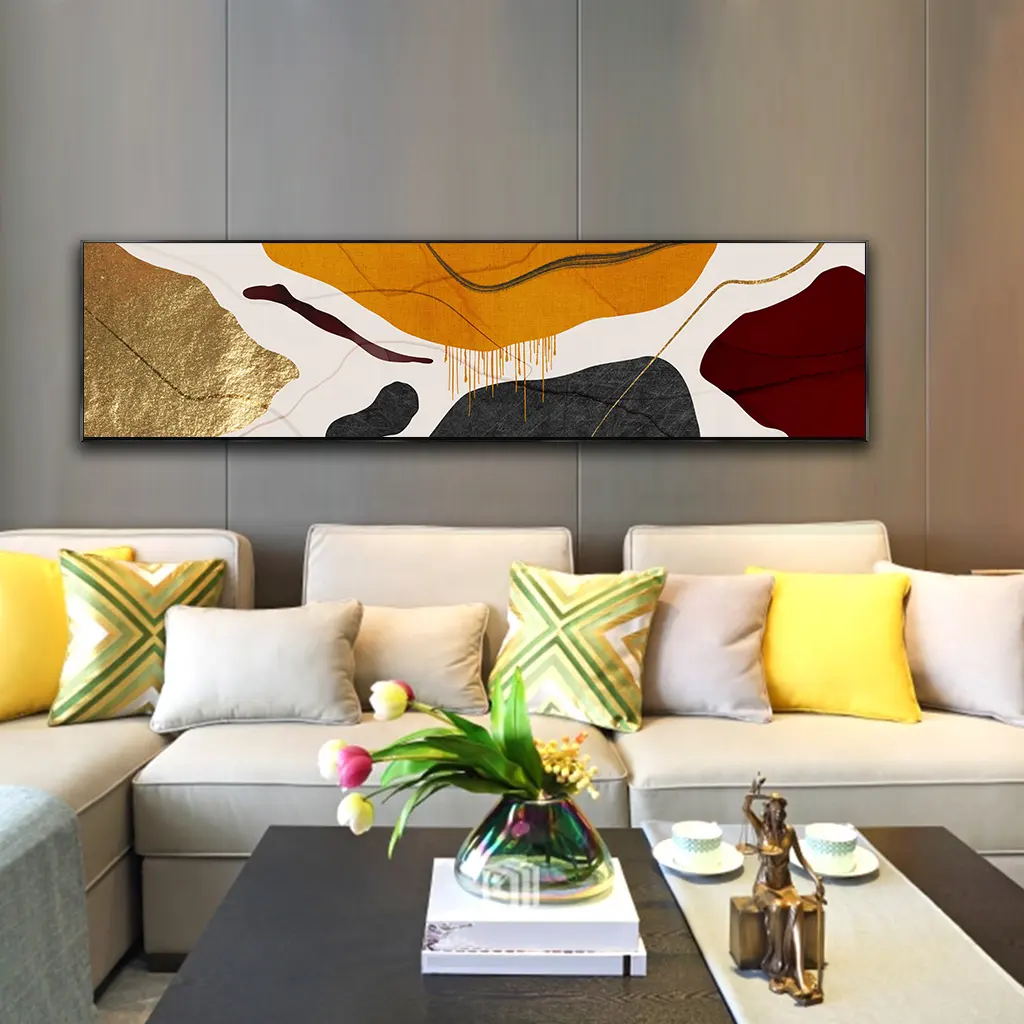 لوحات جدارية من القماش الملون بألوان المائية الذهبية اللونية بأشكال بسيطة وبألوان متناسقة مع اللون البرتقالي صور فنية تجريدية لغرف المعيشة