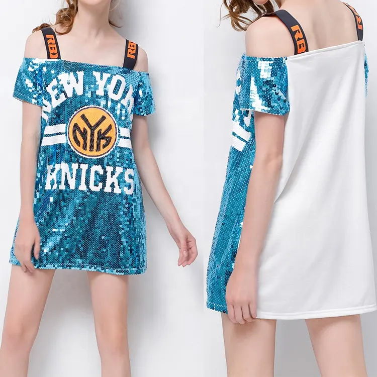 YIZHIQIU Off Shoulder New York Sequin Tee Shirt Basketball Knicks Sequin Jersey