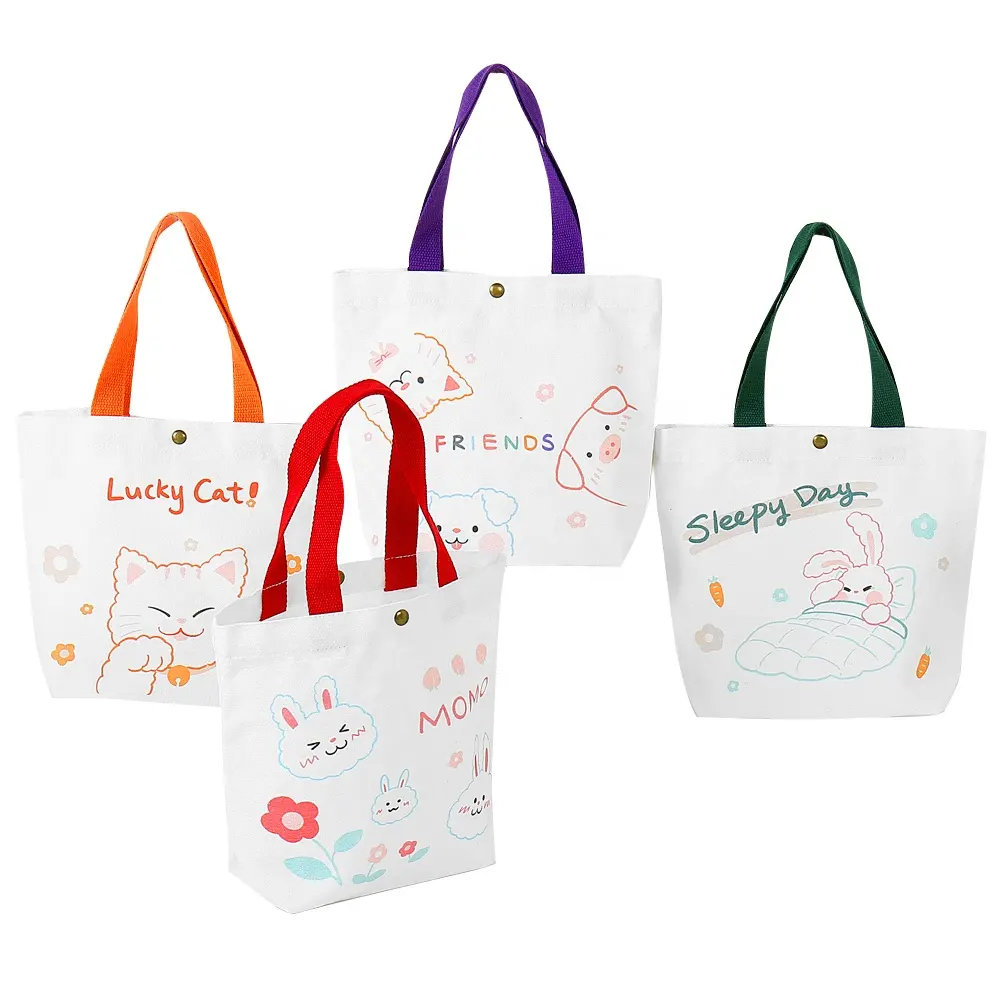 Bolsa de sacola de lona para crianças, mini bolsa de lona de algodão orgânico personalizada fofa dobrável com estampa de animação para compras