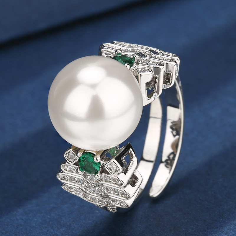 Bague ouverte Vert Blanc Perle