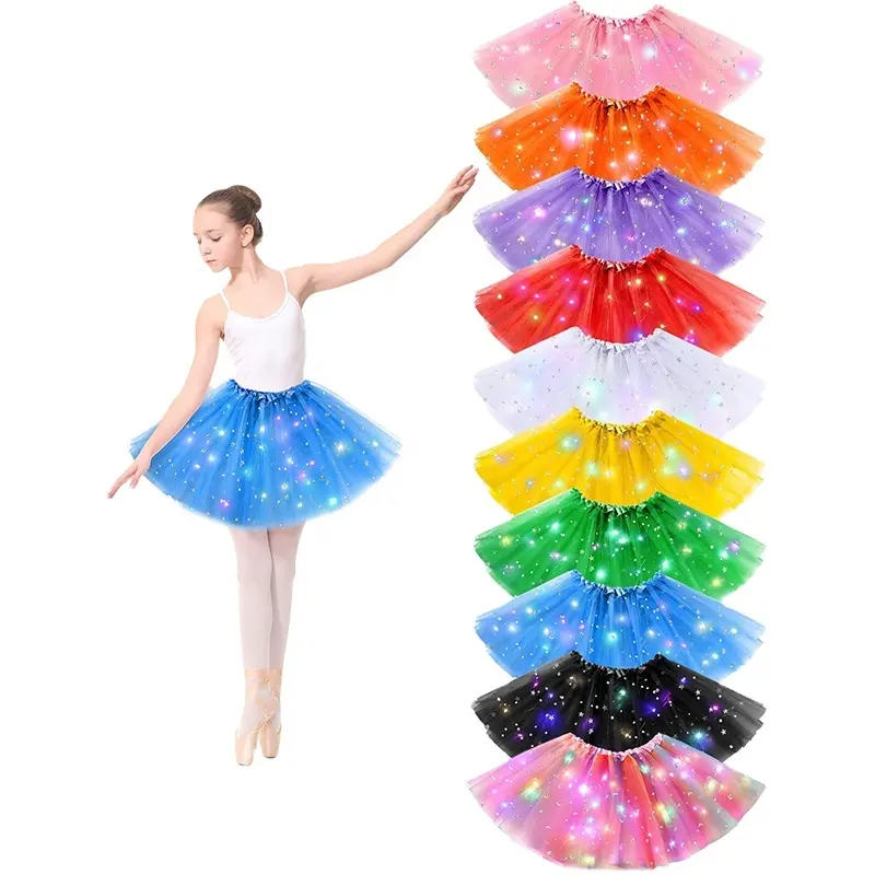 Mini saia de tule luminosa para meninas, saia de princesa com desenho de fadas para dançar, fantasia de balé e decoração, roupa tutu