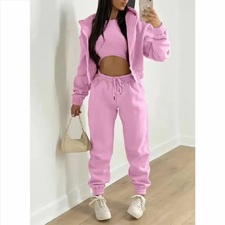 Conjunto de moletom de treino feminino casual de 3 peças, novidade em lã, roupa de corrida personalizada, novidade em 2024