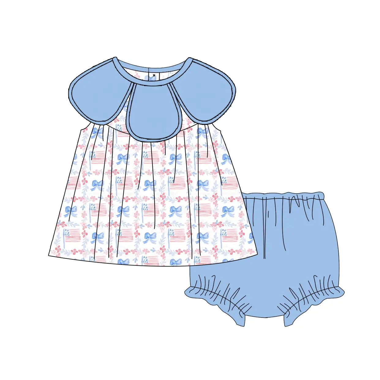 Puresun yüksek kalite yaz çocuk giysileri 4 temmuz bayrağı çiçek baskılı taraklı yaka ile bebek kız giyim seti