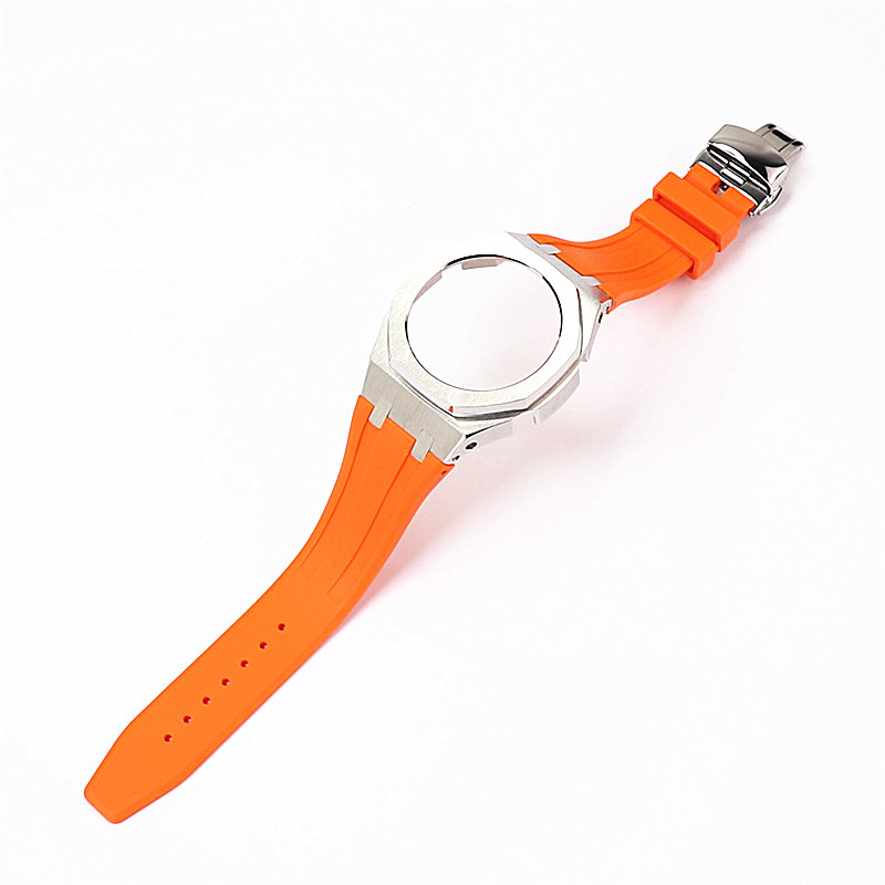 Coquillage argenté + bracelet en silicone orange