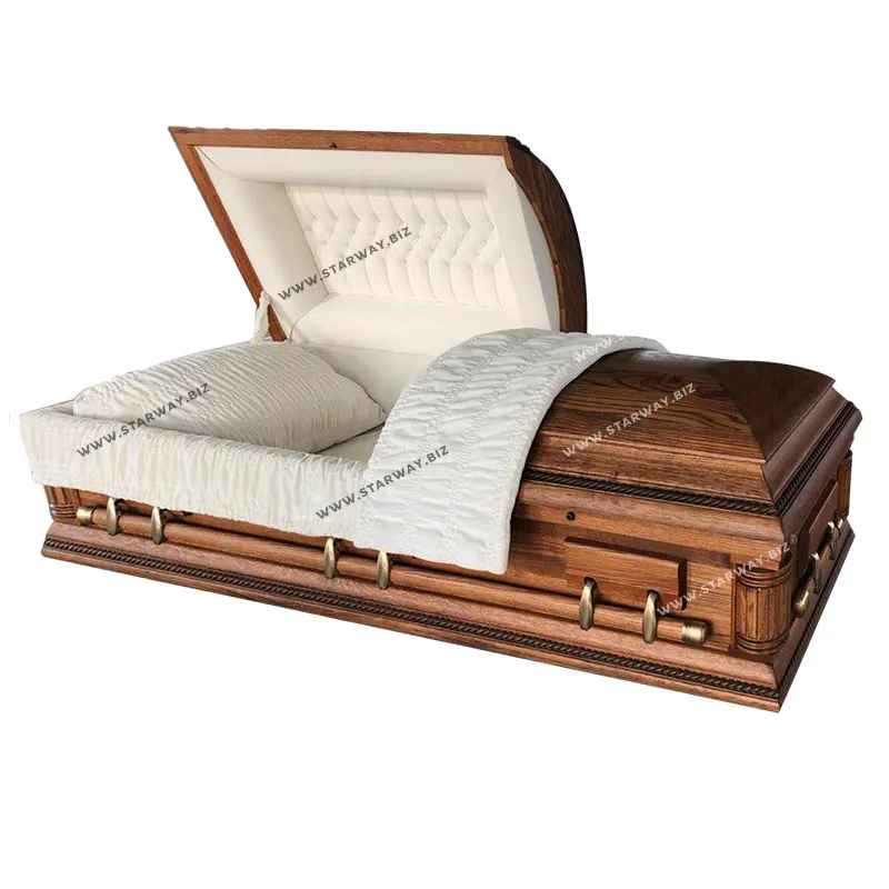 8707中国製工場葬儀用品卸売高級アメリカンスタイルオーク木製棺と金属ハンドル付き棺