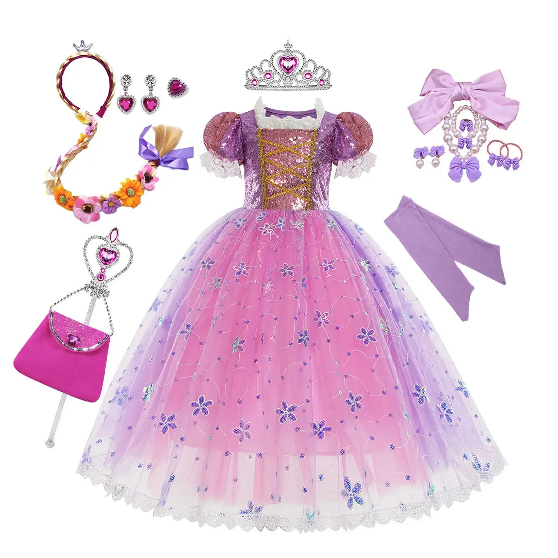Yeni varış TV & film çocuk kostümleri prenses elbise peruk ve aksesuarları ile doğum günü cadılar bayramı Cosplay için giysi mor
