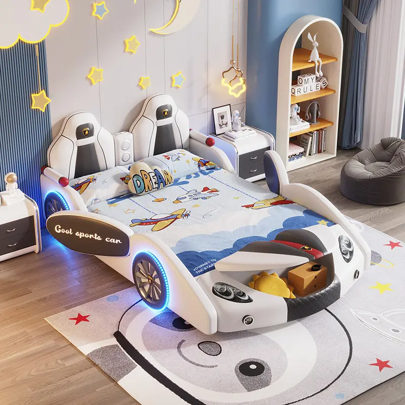 Fabricante Kid's Car Beds Tapizado Dormitorio Muebles Villa Escuela Litera Habitación LED Luz Música Niño Boy Race Car Beds