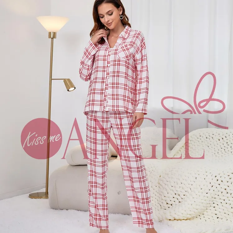 KISS ME ANGEL pyjamas en coton cardigan femme automne et hiver rouge plaid vêtements de loisirs à manches longues