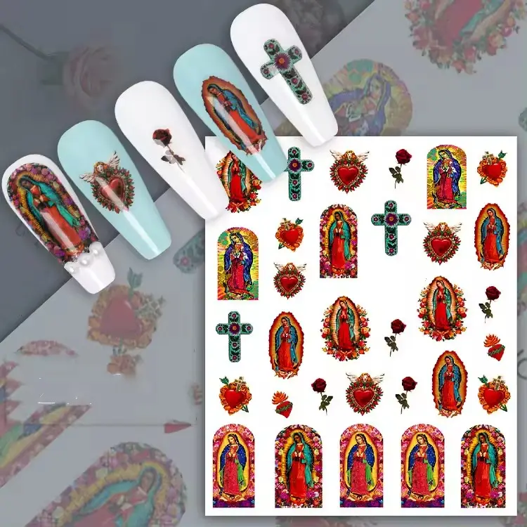 Wholesale Private Label Custom 3D/5D Nail Art Stickers Virgin Mary Angel Wings Flower Love Cupid Baby Pess On Nail Decals