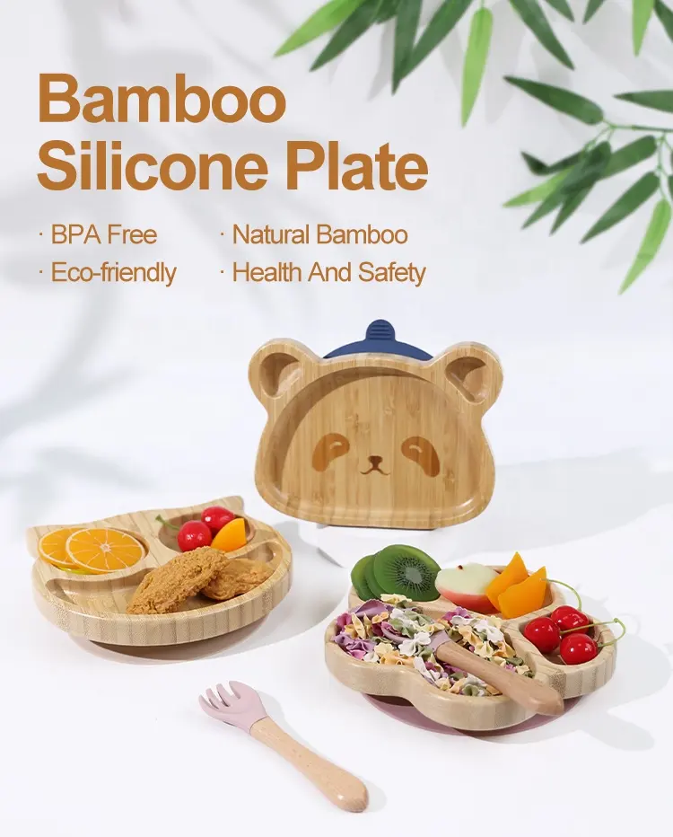 2024 New Products Oem Cartoon Silicone Suction Baby Eating Plate Tableware Bamboo Baby Kids Plate WEood Bamboo Plates For Baby