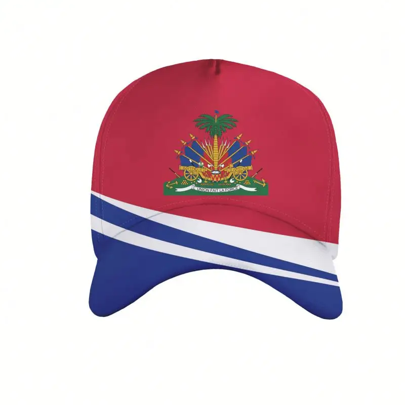 Sombrero de béisbol personalizado con Logo de Haiti, gorra de béisbol de poliéster con estampado de sublimación suave, color rojo y azul, 6 paneles, venta al por mayor