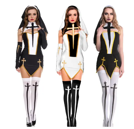 Cadılar bayramı kostüm oyunu üniforma Cosplay rahibe siyah ve beyaz rahibe kostüm seksi cadılar bayramı yetişkinler için kostümler