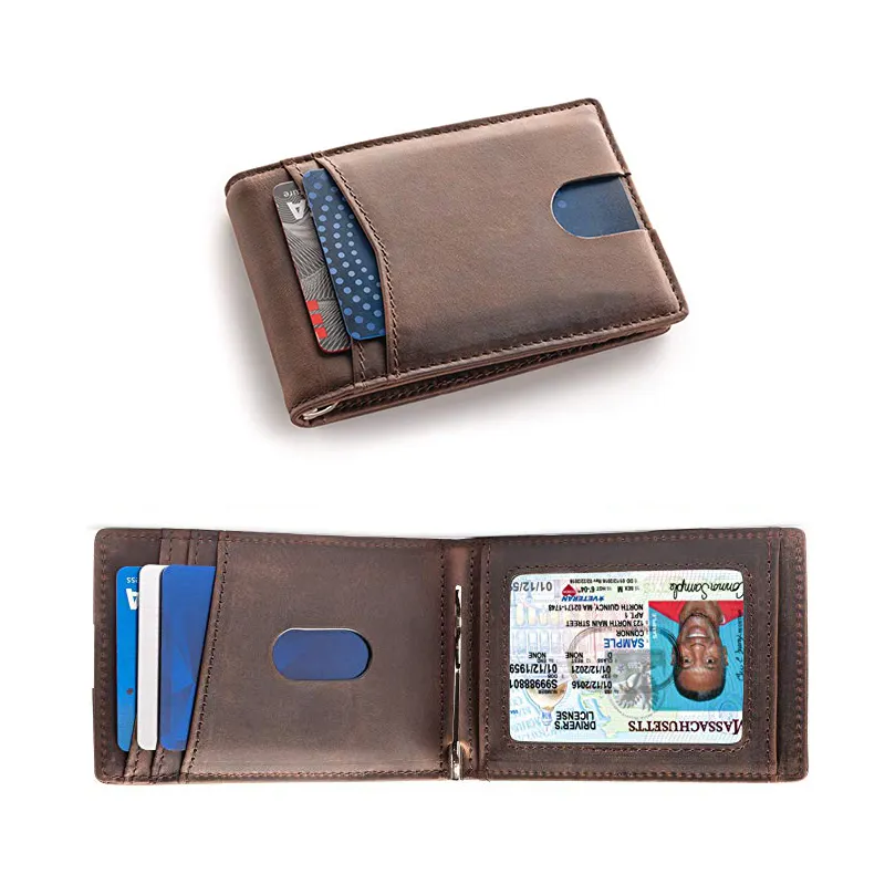 RFID blocking Bi-fold vintage leather Slim Men's Money Clip Front Pocket Wallet with 7 Credit Card Slots