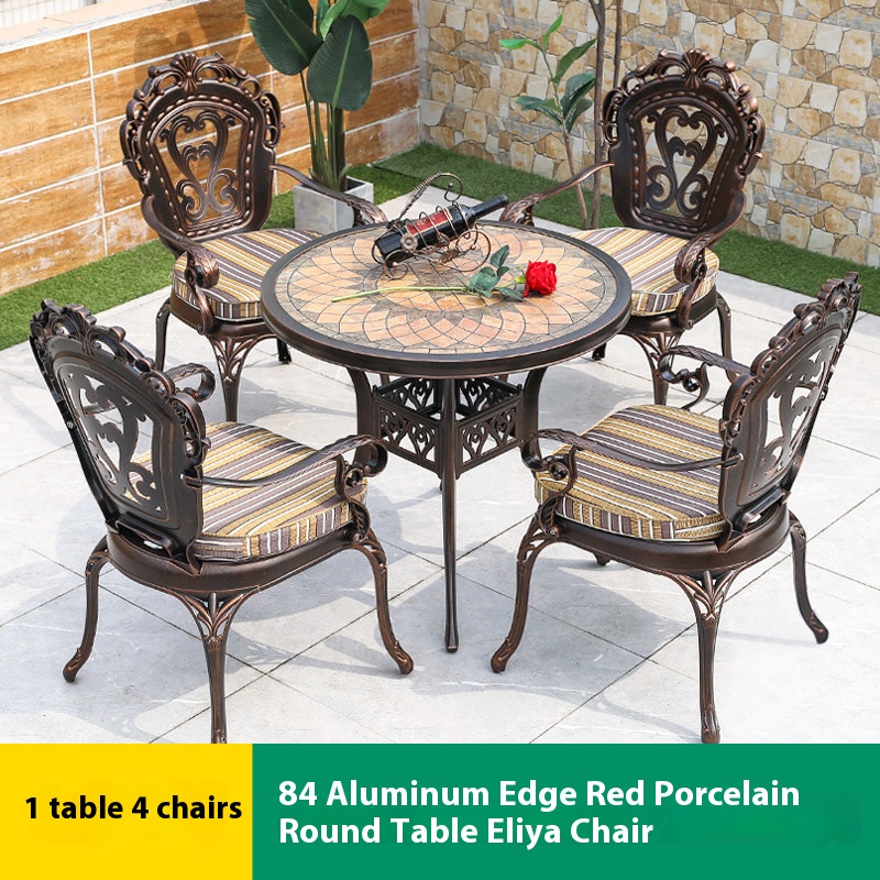 4 chaises Eliya 1 table ronde en porcelaine rouge aluminium 84cm