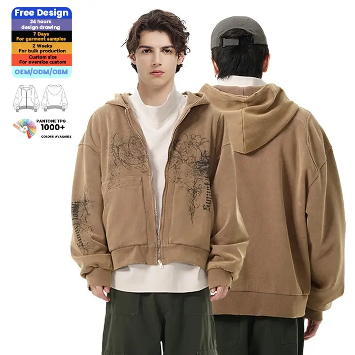 Sudadera con cremallera de gran tamaño con estampado gráfico personalizado Sudadera con capucha de manga larga para hombres