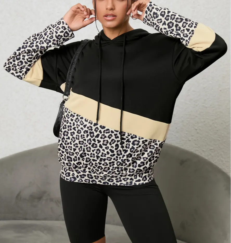 Heavyweight Personalizado Leopard Patchwork Oversized Camisola Gota Ombro Luxo Mulheres Streetwear Hoodies