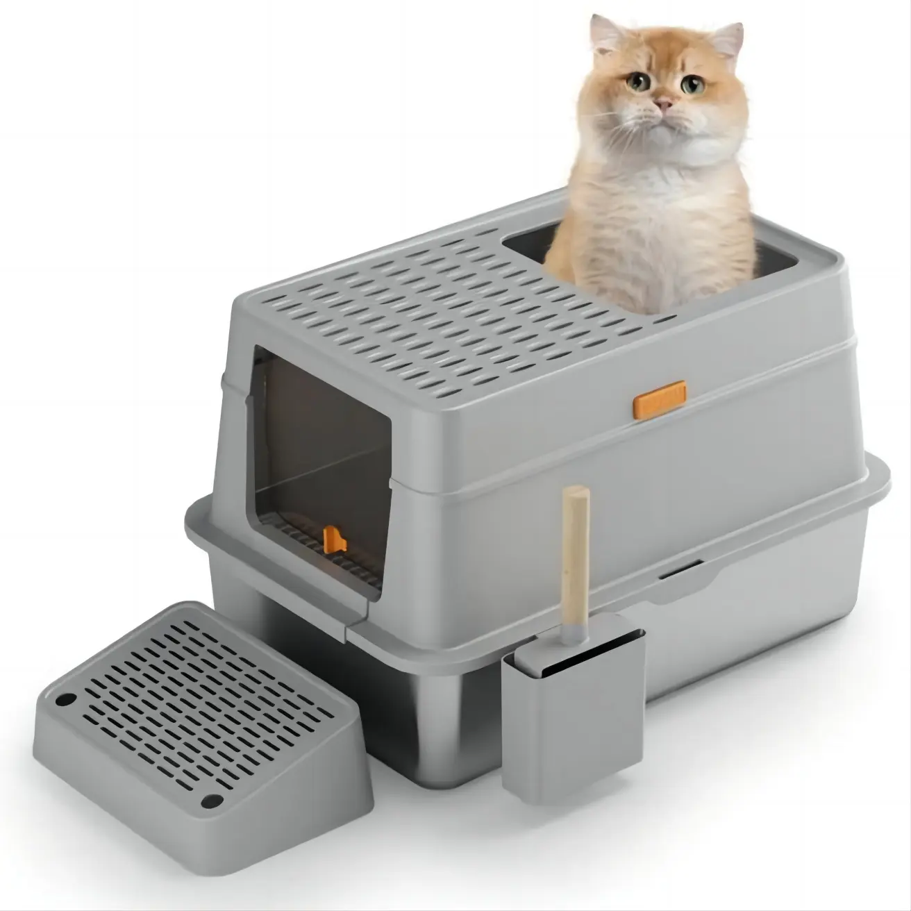 Sıcak satış kolay temizlik kapalı paslanmaz çelik kedi kum kabı büyük boy kaymaz kedi tuvalet kutusu