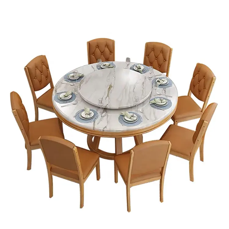 Custom color materials wooden carving bottom designs dining table set marble rock top used for home hotel villa