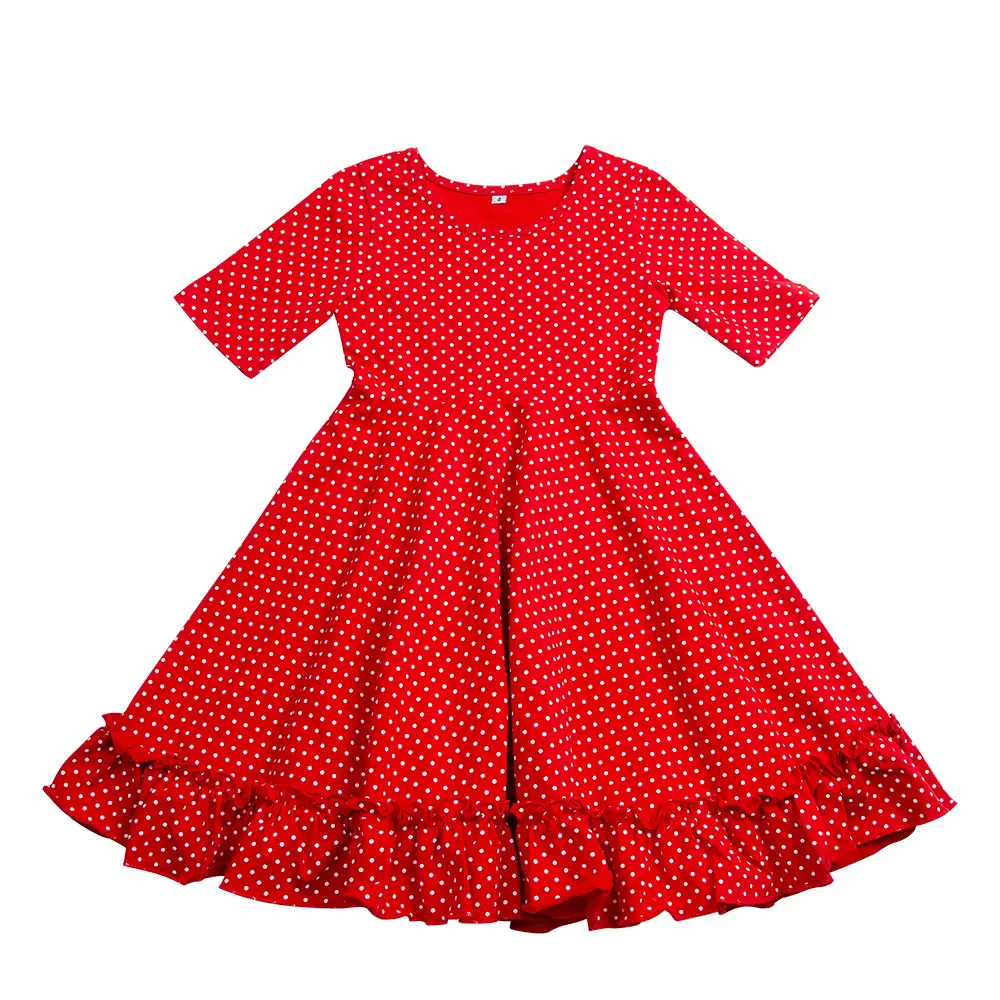 Vestido Midi con estampado de lunares personalizado, ropa informal de punto, 100% algodón, Media manga, volantes, vestidos giratorios para niñas pequeñas