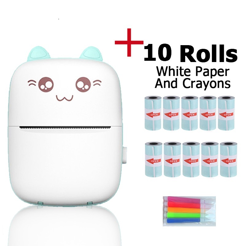 Imprimante bleue + 10 rouleaux de papier autocollant + 5 crayons
