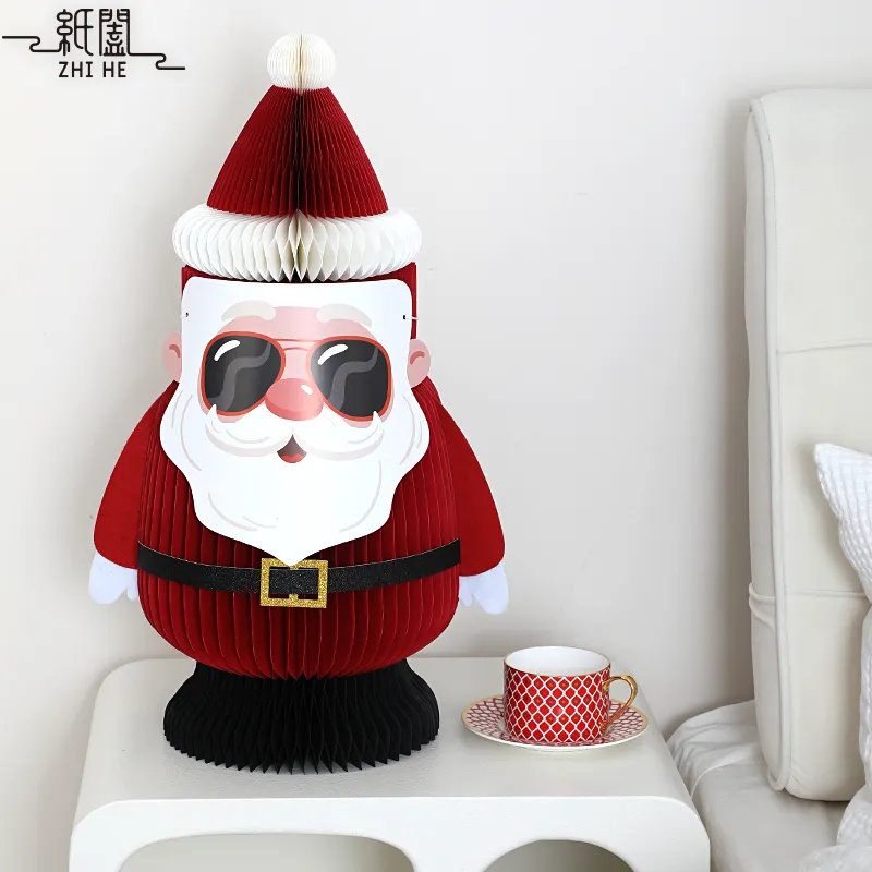 Décorations de Noël personnalisées OEM pour festival Cadeaux en papier nid d'abeille Père Noël Ornements Bonhomme de neige Vitrine Fournitures de fête