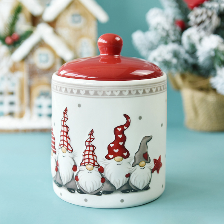Wholesales custom Christmas ceramic storage cookie jar food coffee tea sugar candy jug with red seal ceramic lid