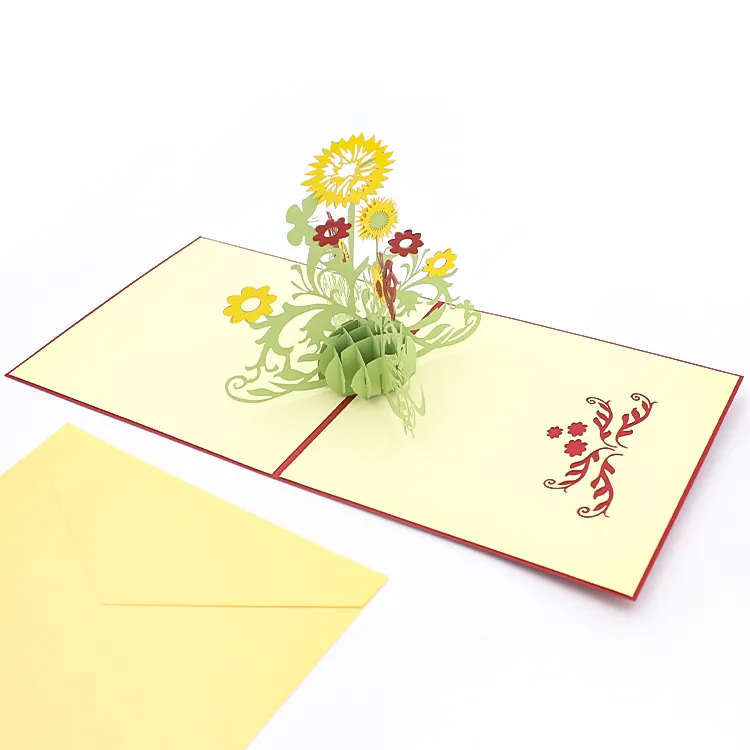 Carta di carta Popup 3D cartolina di cartone animato fiore biglietto di auguri con nota busta riciclabile per natale casa e commercio artigianale Tag regalo