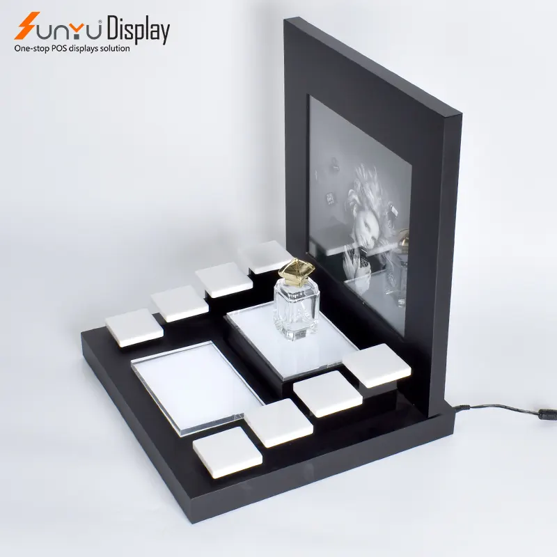 Groothandel Hoge Kwaliteit Zwarte Luxe Cosmetische Acryl Display Etherische Olie Parfum Make-Up Display Met Led Licht