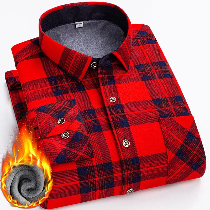 Camisa de vestir de ropa de cuadros rojos de franela gruesa y cálida de otoño e invierno de alta calidad para hombres