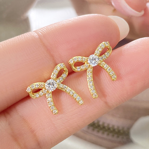 Mini Bow Knot Ear Accessories <strong>Collection</strong> Elegance 18K Gold Plated Ribbon Stud Earrings With <strong>CZ</strong> - Product Image 3