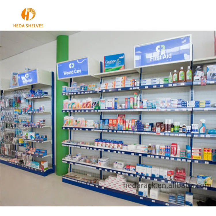 Vendita calda Farmacia scaffali, Medicina rack, farmacia display rack con pannello posteriore