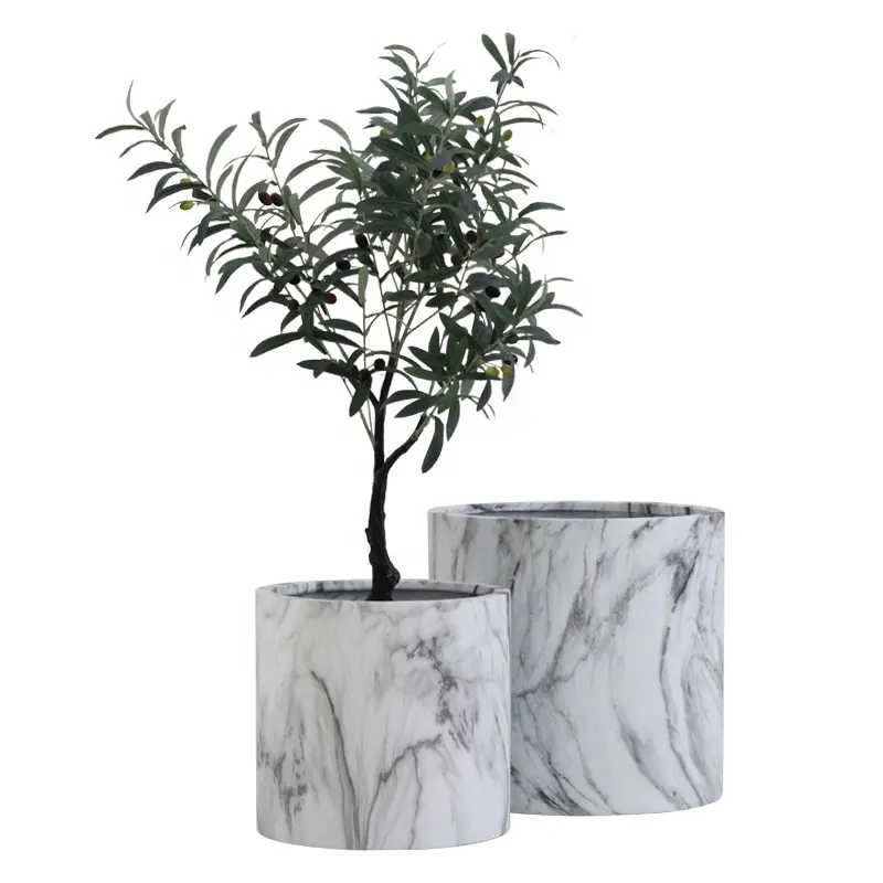 Round cylinder shape large marble effect concrete fiber glass plant pot with tray for home decoration