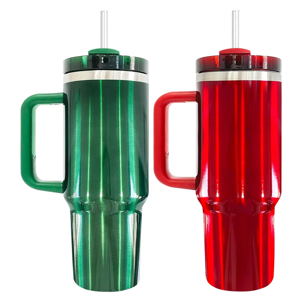 Usa Magazijn H2.0 40Oz Kerstcadeau Rood En Groen Sublimatie Glanzend Metallic Look Tumbler Met Handvat En Stro