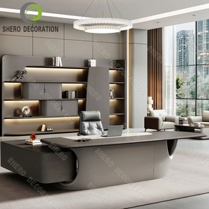 Muebles de oficina de lujo Escritorio de trabajo con cajones y marco de acero inoxidable dorado Mesa de trabajo de computadora superior de vidrio - Product Image 1