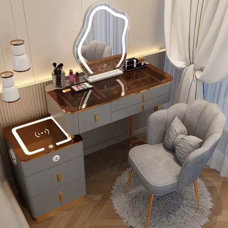 Table en verre gris 80, armoire intelligente, miroir intelligent, chaise pétale