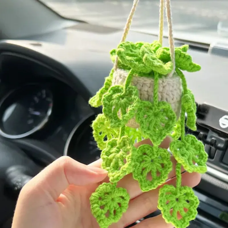 Accesorio colgante para espejo de coche, hecho a mano, tejido, planta en maceta de ganchillo, decoración de Vista trasera, accesorios para Interior de coche