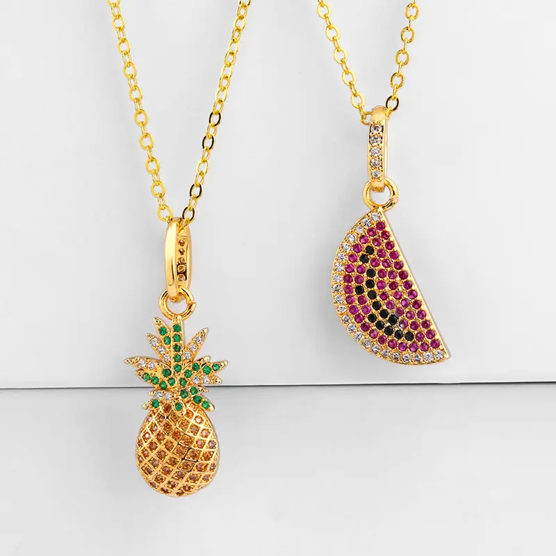 Colar pingente de melancia, 18k ouro, minúsculo, frutas, abacaxi, joias personalizadas, colorido, cobre, zircônia