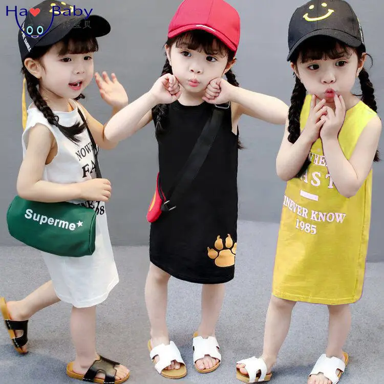 Hao Baby Kids Kleding 2022 Nieuwe Zomer Koreaanse Meisje Pure Kleur Jurk Kinderen Meisje Brief Zonnejurk Jurk