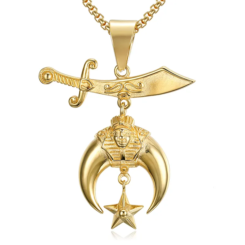 Aço inoxidável Gold Shriner Pendant Silver Gold Mason Masonic Moon Symbol Charms Necklace para mulheres Homens