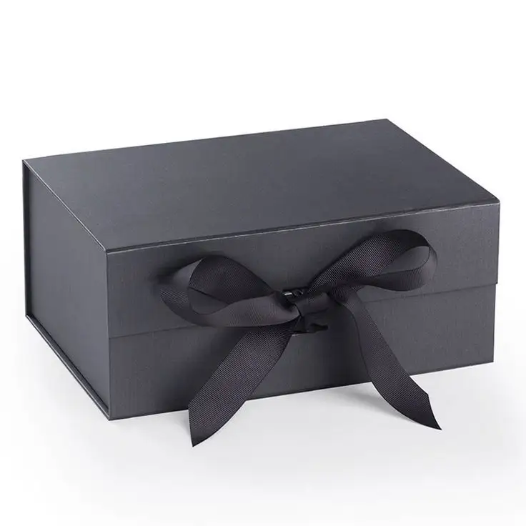 रिबन के साथ थोक काले चुंबकीय तह उपहार कागज बॉक्स पैकेजिंग बक्से
