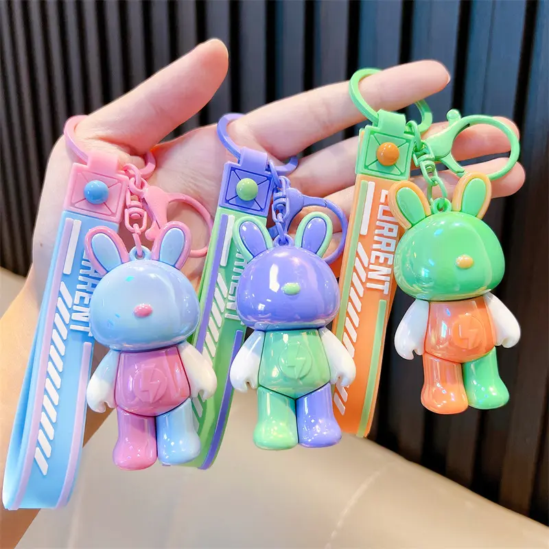 Colore arcobaleno bella acrilico 3D cartone animato animale coniglio portachiavi borse donne charm decorazione carino coniglio colorato PVC portachiavi ragazze
