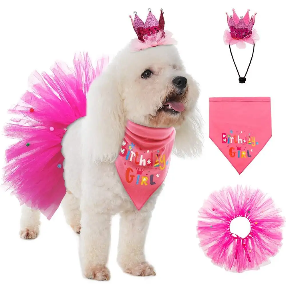 Conjunto de festa para aniversário de cachorros, bandana, festa de aniversário, conjunto com tutu, saia, lenço para pet, filhote de cachorro, menina, rosa, roupa para festa de aniversário