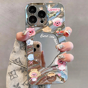 IPhone 16 15 14 13 12 Pro Maxバックモバイルカバーファンダシェル用かわいい防爆漫画メッキシルバータッチアップミラー電話ケース