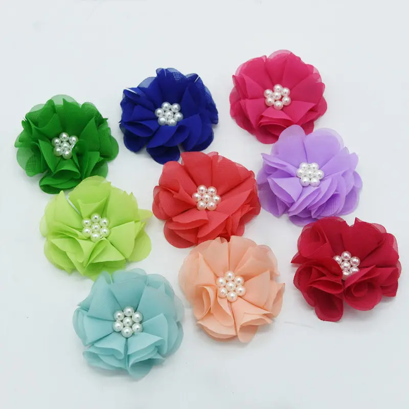 2.5'' pearl center chiffon flower shabby chiffon Flower 30pcs/lot mixed colors fabric flower with beads