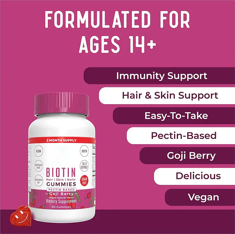 Vegan natural goji berry rasa gummies untuk rambut kulit dukungan kekebalan kuku dukungan biotin gummies vitamin suppelement