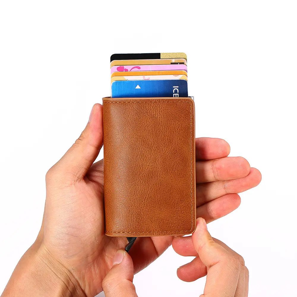 Portafoglio Pop Up in pelle sintetica all'ingrosso in alluminio con tasca sottile in metallo rfid porta carte di credito
