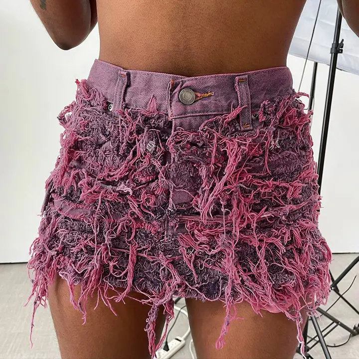 Novedad de verano, Falda vaquera, Mini Faldas vaqueras elásticas ajustadas con borlas, Falda corta rasgada a la moda para mujer y mujer